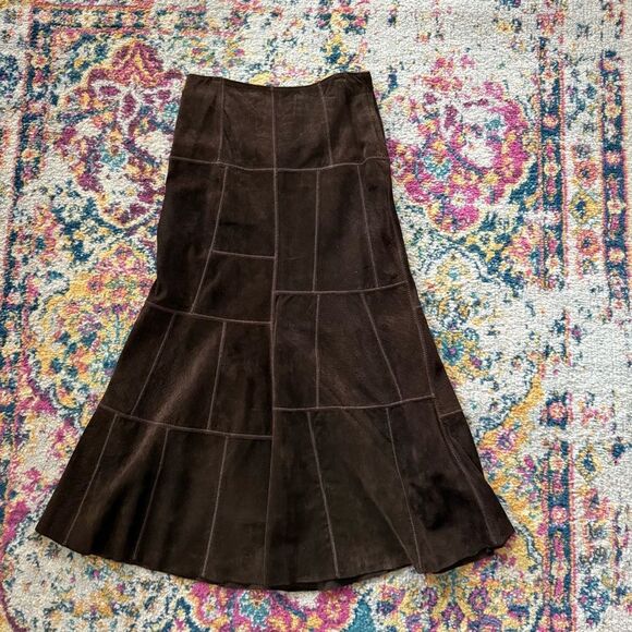Vintage Danier Brown genuine leather suede embroidered patterned high wais skirt - Picture 1 of 2